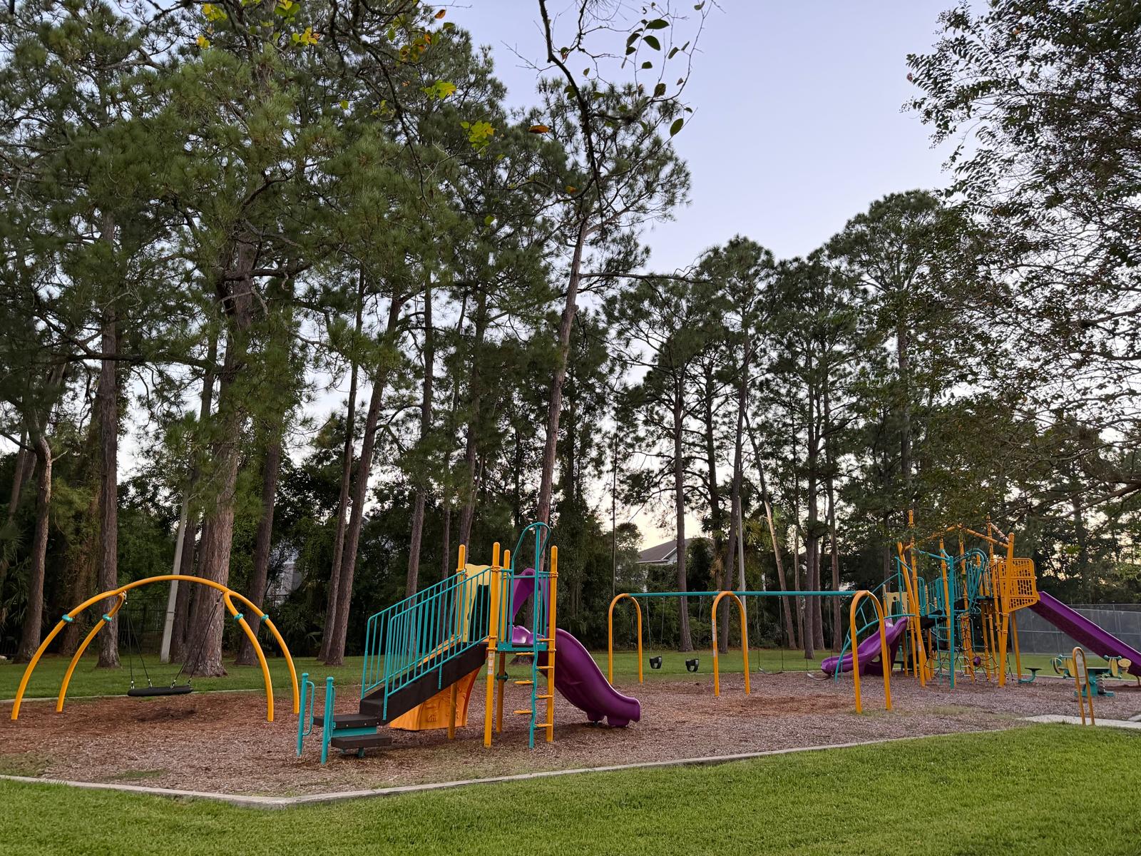 Playground shaded by tall trees at Isle of Palms Park